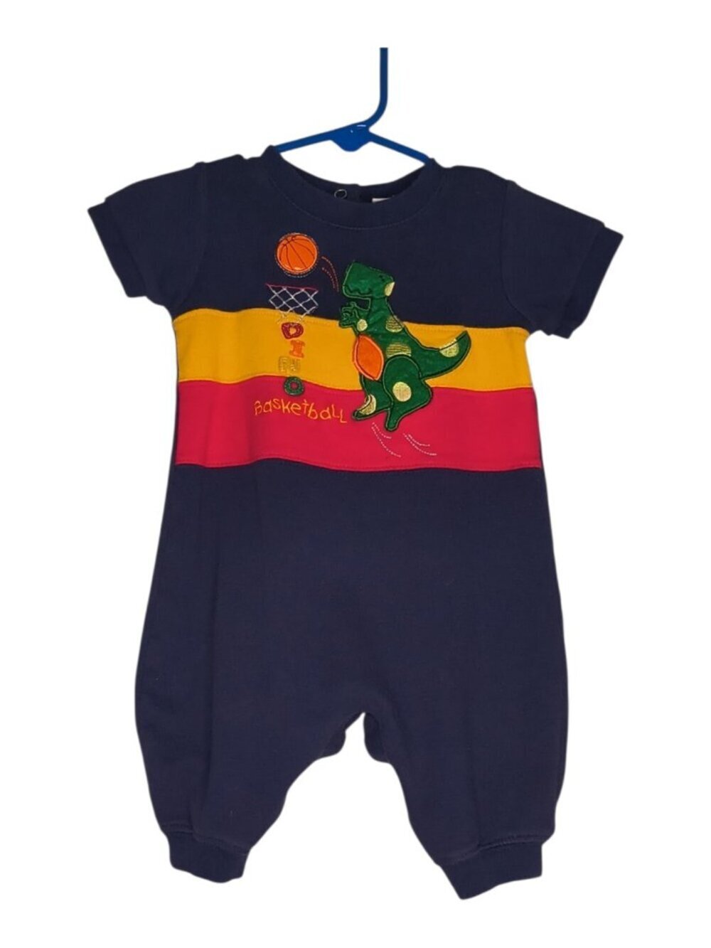 Vintage Okie Dokie Boys Size 3-6 Months Navy Blue Romper Basket Dinosaur Embroid
